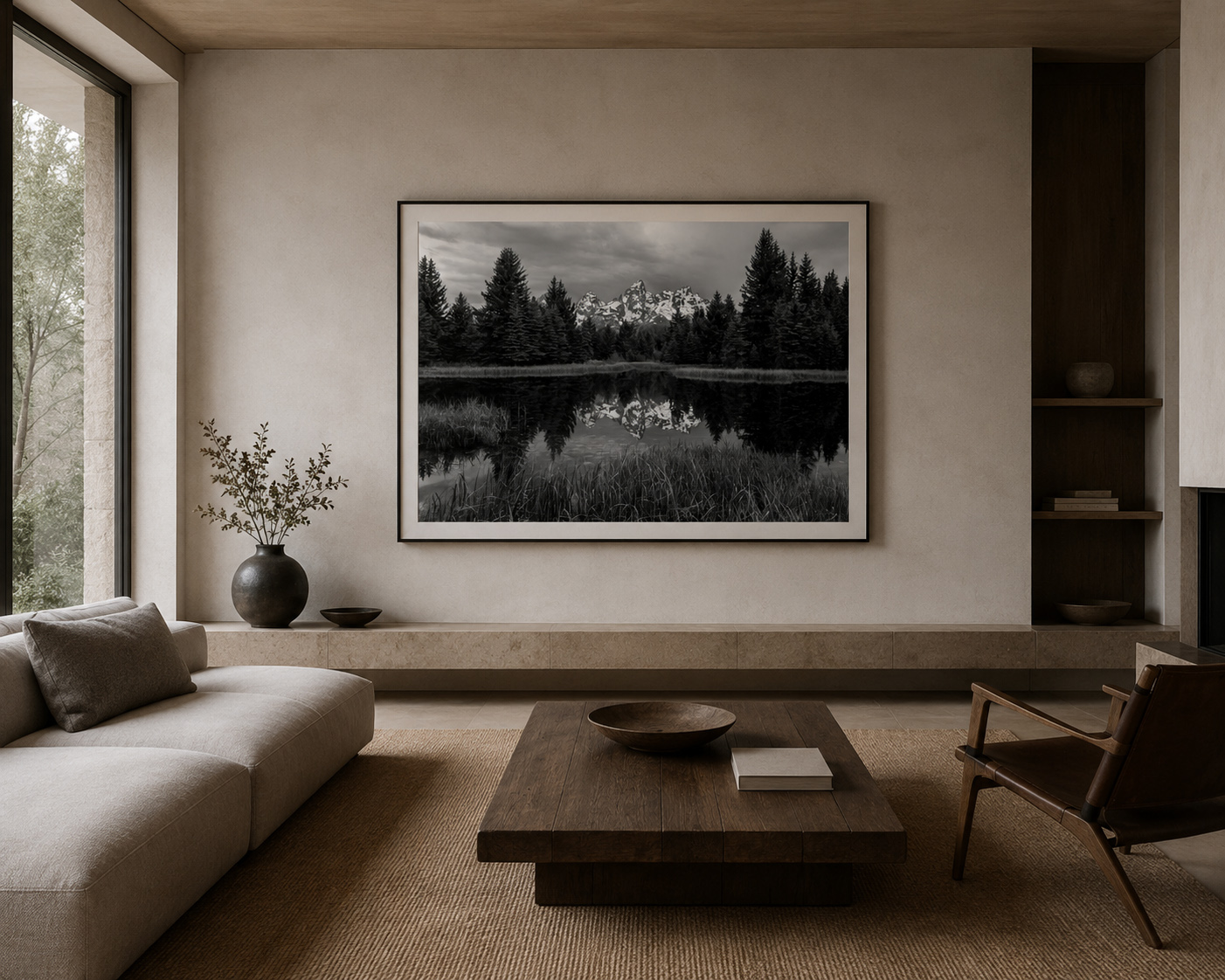 Minimal residential living room with monochrome mountain reflection artwork